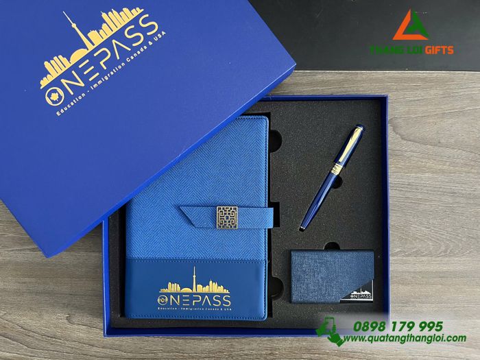 Bộ Quà Tặng (Sổ+ Hộp Namecard+ Bút) Màu Xanh - In Khắc Logo Doanh Nghiệp ONEPASS
