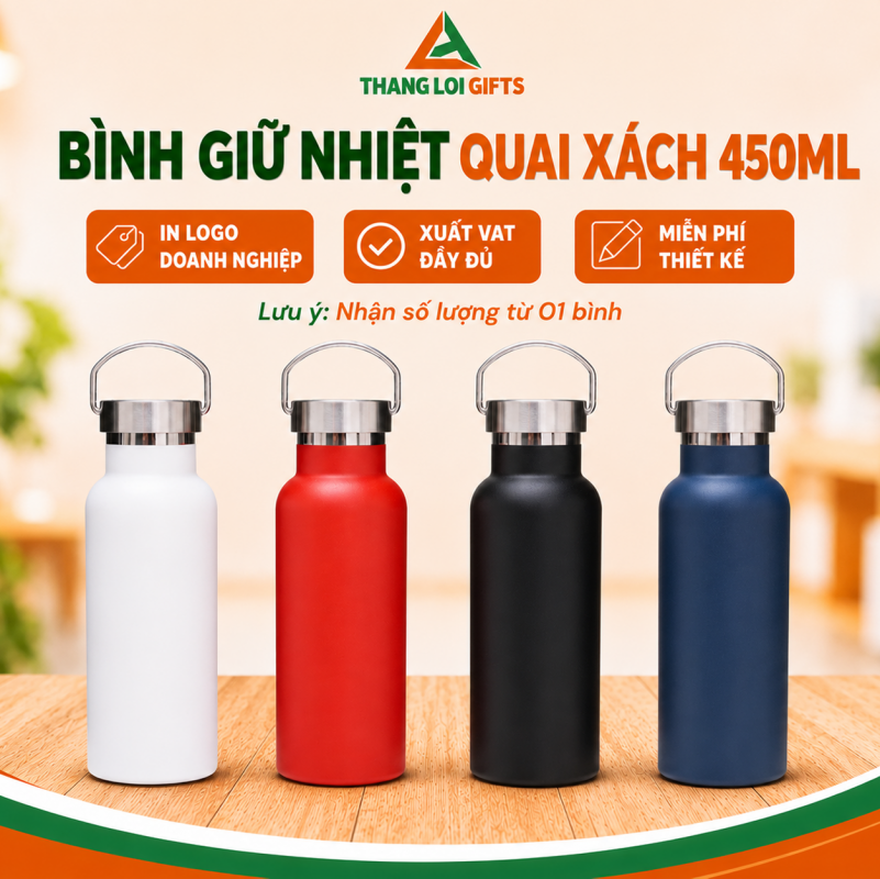 BGT 18 - Bình Giữ Nhiệt Quai Xách Inox 450ml In Khắc Logo Theo Yêu Cầu