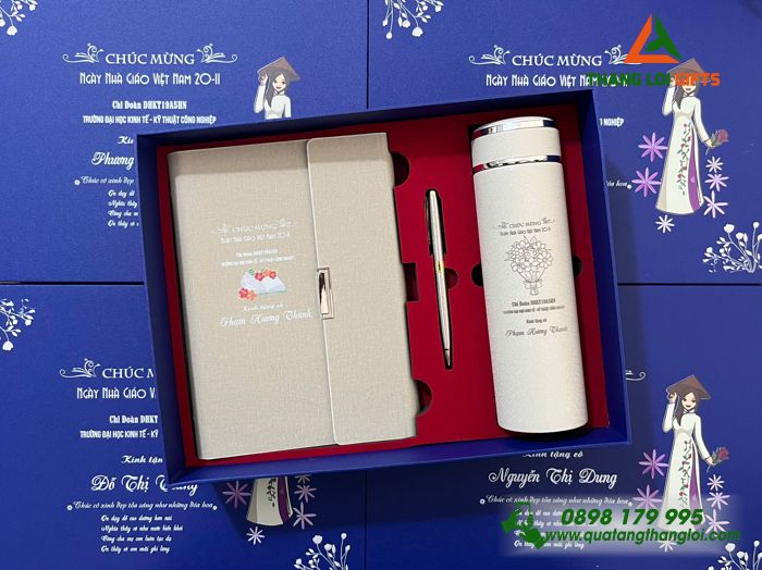 Bộ Quà Tặng (Sổ+ Bình+ Bút) Màu Trắng Kem - In Khắc Nội Dung Tri Ân