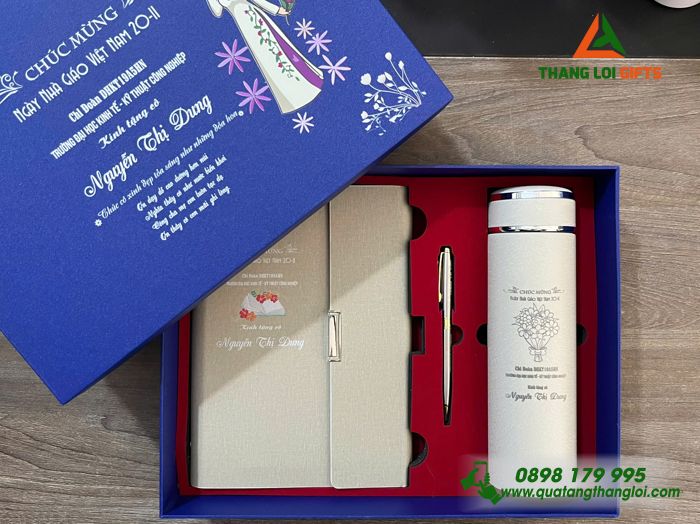 Bộ Quà Tặng (Sổ+ Bình+ Bút) Màu Trắng Kem - In Khắc Nội Dung Tri Ân