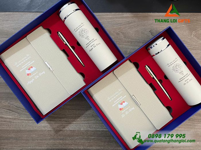 Bộ Quà Tặng (Sổ+ Bình+ Bút) Màu Trắng Kem - In Khắc Nội Dung Tri Ân