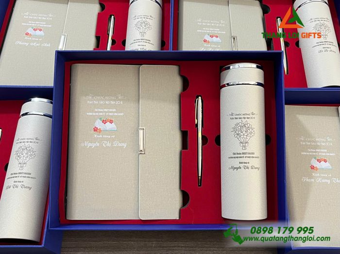 Bộ Quà Tặng (Sổ+ Bình+ Bút) Màu Trắng Kem - In Khắc Nội Dung Tri Ân