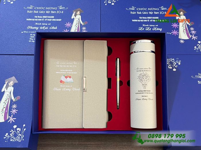 Bộ Quà Tặng (Sổ+ Bình+ Bút) Màu Trắng Kem - In Khắc Nội Dung Tri Ân