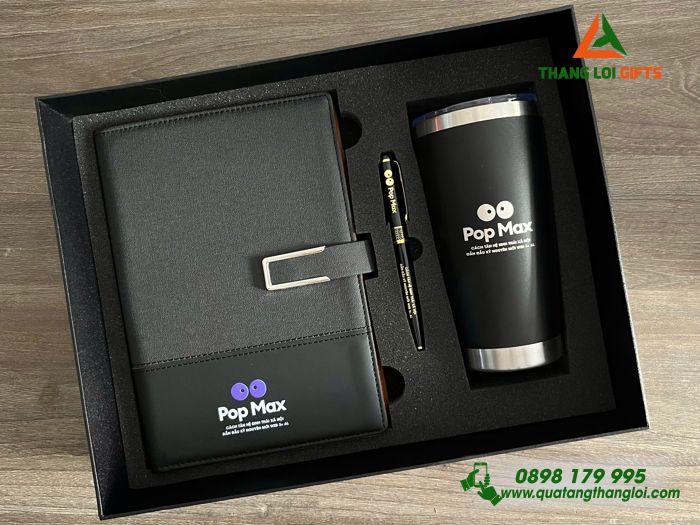 Giftset - Bộ Quà Tặng Cao Cấp (Sổ+ Ly+ Bút) Màu Đen In Khắc Logo Pop Max
