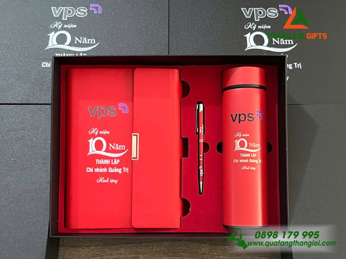 Bộ Quà Tặng (Sổ+ Bình+ Bút) Màu Đỏ - in Khắc Logo Doanh Nghiệp VPS