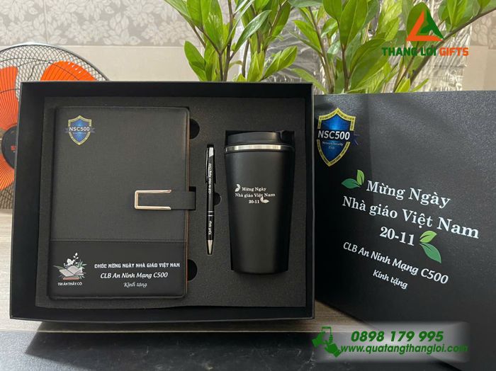 Set Quà Tặng (Sổ+ Ly+ Bút) Màu Đen - In Khắc Logo CLB An Ninh Mạng C500
