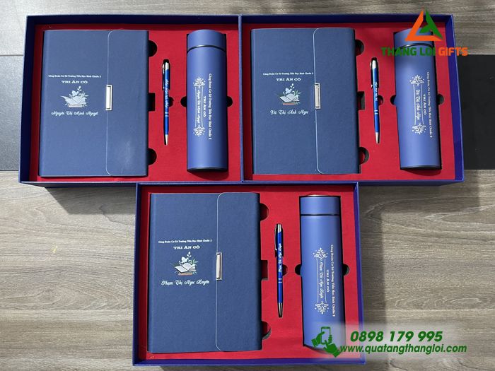 Combo Quà Tặng (Sổ Tay+ Bình Giữ Nhiệt+ Bút Ký) Màu Xanh - In Khắc Nội Dung Tri Ân Thầy Cô