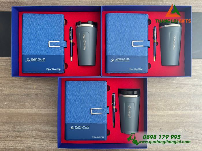 Set Quà Tặng (Sổ+ Ly+ Bút) Màu Xanh - In Khắc Logo Doanh Nghiệp JAVIAR