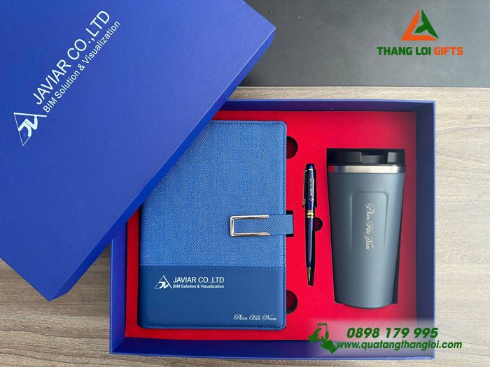 Set Quà Tặng (Sổ+ Ly+ Bút) Màu Xanh - In Khắc Logo Doanh Nghiệp JAVIAR