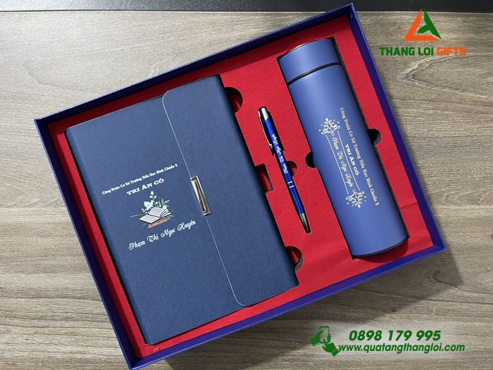 Combo Quà Tặng (Sổ Tay+ Bình Giữ Nhiệt+ Bút Ký) Màu Xanh - In Khắc Nội Dung Tri Ân Thầy Cô