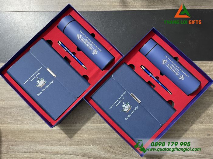 Combo Quà Tặng (Sổ Tay+ Bình Giữ Nhiệt+ Bút Ký) Màu Xanh - In Khắc Nội Dung Tri Ân Thầy Cô