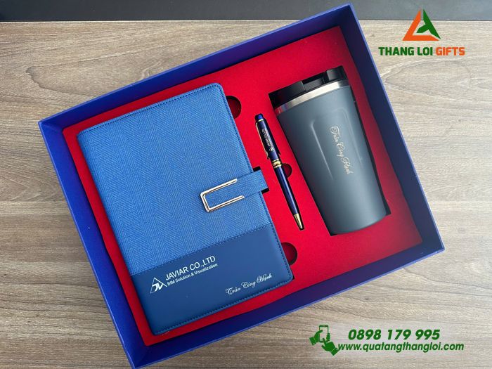 Set Quà Tặng (Sổ+ Ly+ Bút) Màu Xanh - In Khắc Logo Doanh Nghiệp JAVIAR