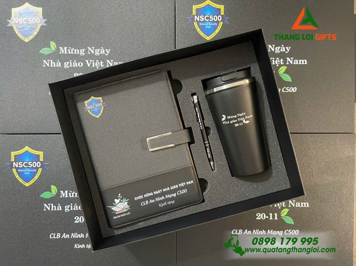 Set Quà Tặng (Sổ+ Ly+ Bút) Màu Đen - In Khắc Logo CLB An Ninh Mạng C500