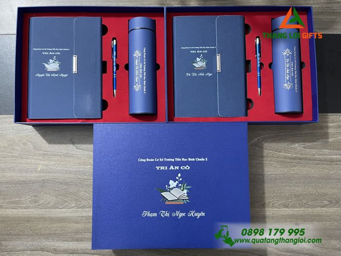 Combo Quà Tặng (Sổ Tay+ Bình Giữ Nhiệt+ Bút Ký) Màu Xanh - In Khắc Nội Dung Tri Ân Thầy Cô