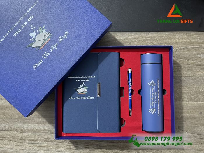 Combo Quà Tặng (Sổ Tay+ Bình Giữ Nhiệt+ Bút Ký) Màu Xanh - In Khắc Nội Dung Tri Ân Thầy Cô