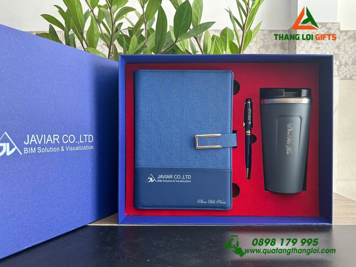 Set Quà Tặng (Sổ+ Ly+ Bút) Màu Xanh - In Khắc Logo Doanh Nghiệp JAVIAR