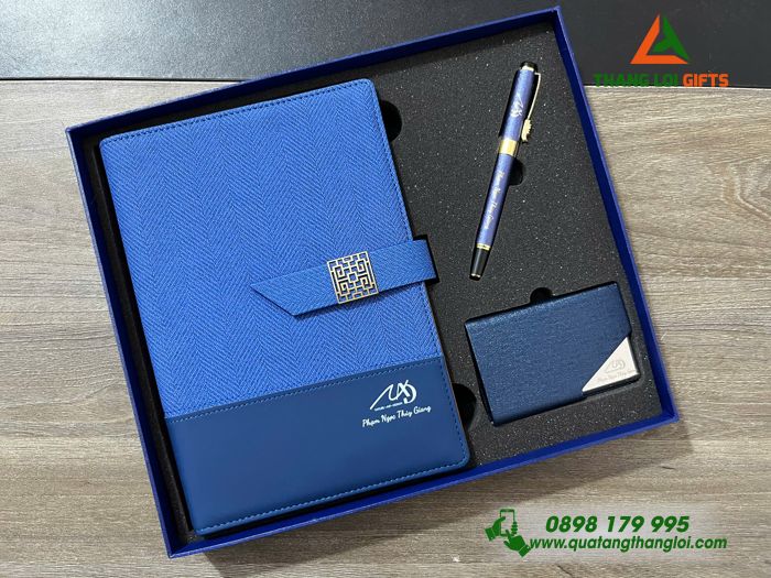 Set Quà Tặng (Sổ Tay+ Hộp Namecard+ Bút Ký) Màu Xanh - In Khắc Logo Doanh Nghiệp NAD
