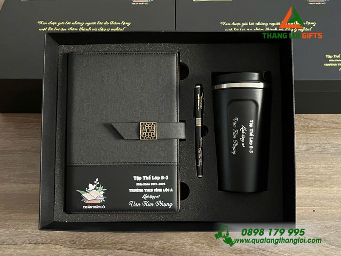 Combo Quà Tặng (Sổ+ Ly+ Bút) Màu Đen. - In Khắc Trường THCS Vĩnh Lộc A