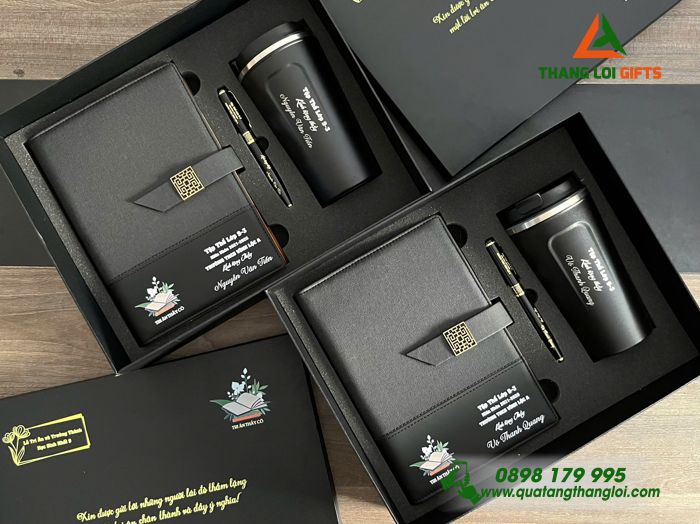 Combo Quà Tặng (Sổ+ Ly+ Bút) Màu Đen - In Khắc Trường THCS Vĩnh Lộc A