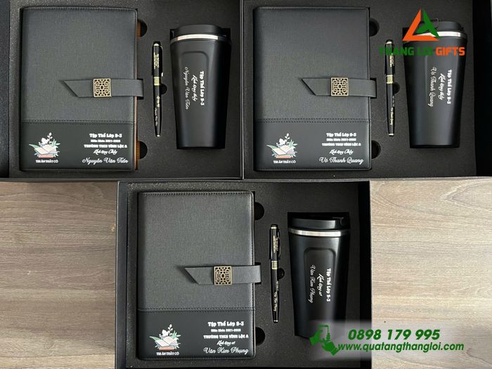 Combo Quà Tặng (Sổ+ Ly+ Bút) Màu Đen - In Khắc Trường THCS Vĩnh Lộc A