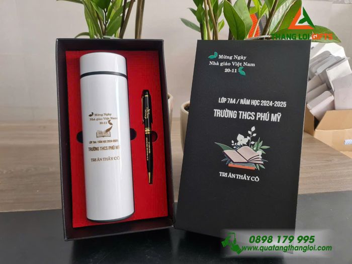 Set Quà Tặng (Bình Giữ Nhiệt & Bút Ký) - In Khắc Logo Tên Trường THCS Phú Mỹ