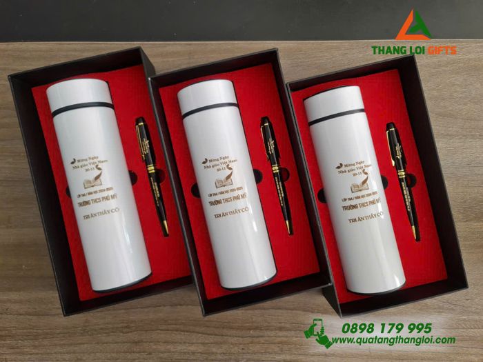 Set Quà Tặng (Bình Giữ Nhiệt & Bút Ký) - In Khắc Logo Tên Trường THCS Phú Mỹ