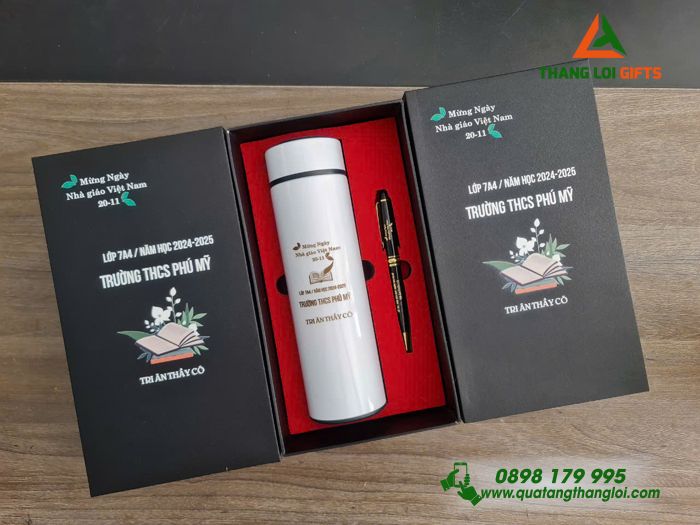 Set Quà Tặng (Bình Giữ Nhiệt & Bút Ký) - In Khắc Logo Tên Trường THCS Phú Mỹ