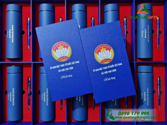 Bộ Quà Tặng (Bình Giữ Nhiệt & Bút Bi) Màu Xanh - In Khắc Logo Mặt Trận Tổ Quốc Việt Nam