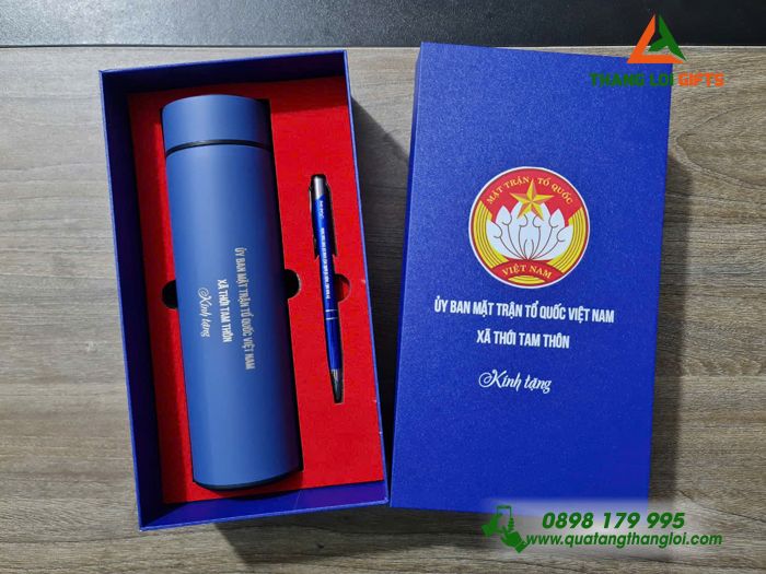Bộ Quà Tặng (Bình Giữ Nhiệt & Bút Bi) Màu Xanh - In Khắc Logo Mặt Trận Tổ Quốc Việt Nam