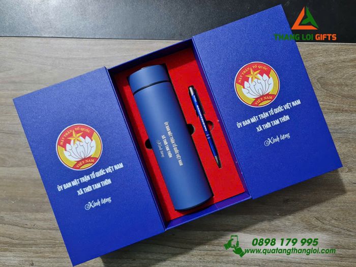 Bộ Quà Tặng (Bình Giữ Nhiệt & Bút Bi) Màu Xanh - In Khắc Logo Mặt Trận Tổ Quốc Việt Nam