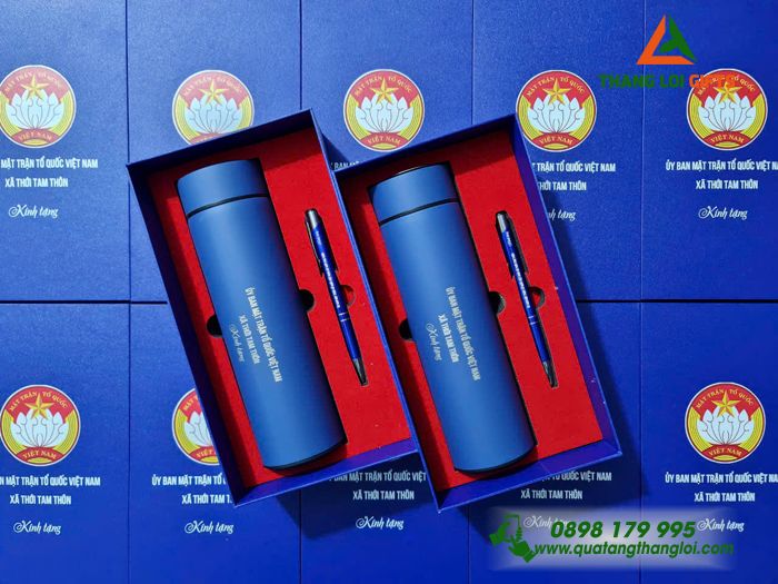 Bộ Quà Tặng (Bình Giữ Nhiệt & Bút Bi) Màu Xanh - In Khắc Logo Mặt Trận Tổ Quốc Việt Nam