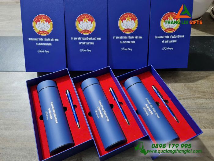 Bộ Quà Tặng (Bình Giữ Nhiệt & Bút Bi) Màu Xanh - In Khắc Logo Mặt Trận Tổ Quốc Việt Nam