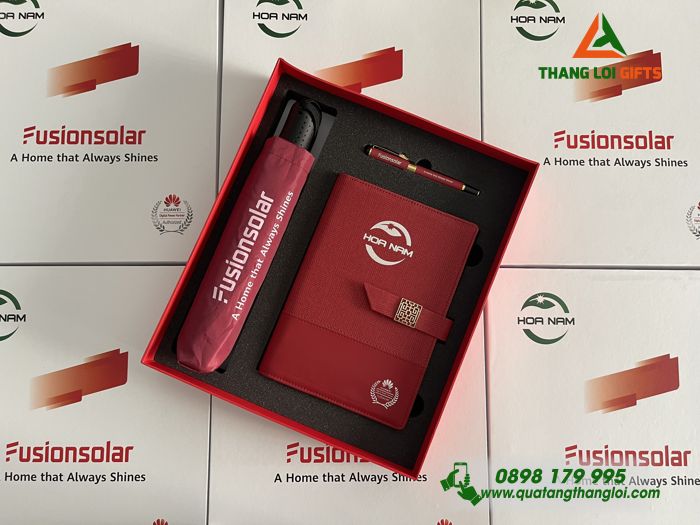 Bộ Quà Tặng Sang Trọng (Sổ Tay+ Bút Ký+ Ô Dù Cầm Tay) Màu Đỏ - In Khắc Logo FUSIONSOLAR