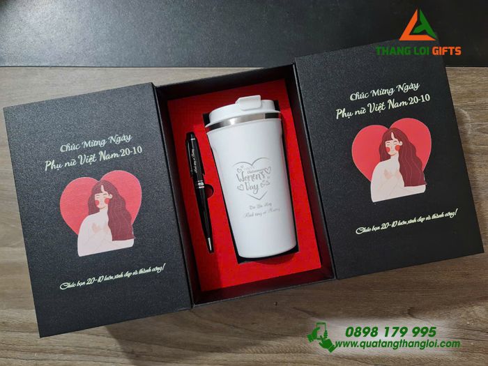 Bộ Quà Tặng (Ly Giữ Nhiệt & Bút Ký) - In Khắc Hình Ảnh Chúc Mừng Ngày Phụ Nữ