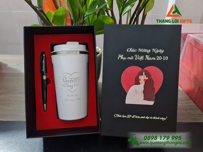 Bộ Quà Tặng (Ly Giữ Nhiệt & Bút Ký) - In Khắc Hình Ảnh Chúc Mừng Ngày Phụ Nữ