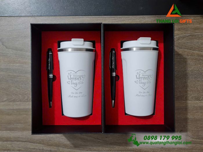 Bộ Quà Tặng (Ly Giữ Nhiệt & Bút Ký) - In Khắc Hình Ảnh Chúc Mừng Ngày Phụ Nữ