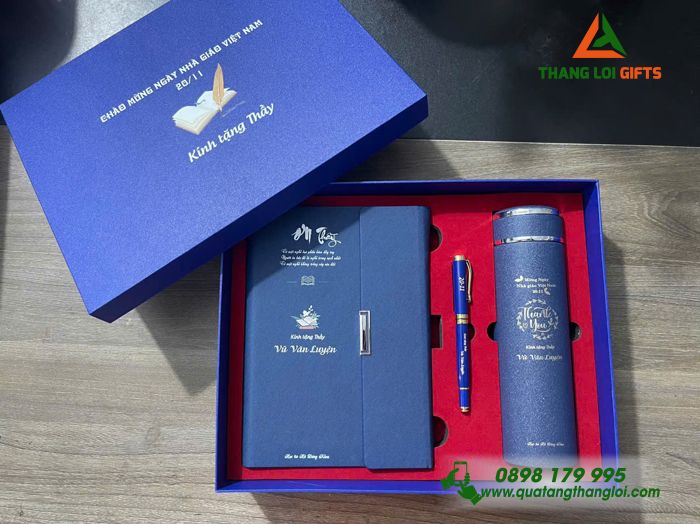 Bộ Quà Tặng Ý Nghĩa (Sổ+ Bình+ Bút) Màu Xanh - In Khắc Nội Dung Tri Ân Thầy Cô Giáo