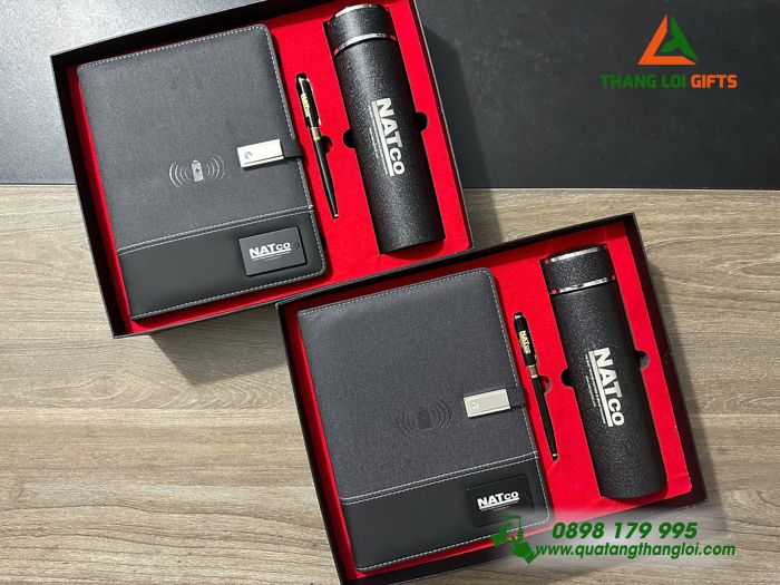 Set Quà Tặng Cao Cấp (Sổ Đa Năng+ Bình+ Bút) Màu Đen - In Khắc Logo Doanh Nghiệp NATCO