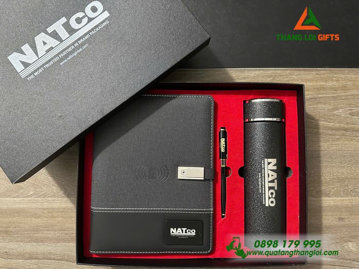 Set Quà Tặng Cao Cấp (Sổ Đa Năng+ Bình+ Bút) Màu Đen - In Khắc Logo Doanh Nghiệp NATCO