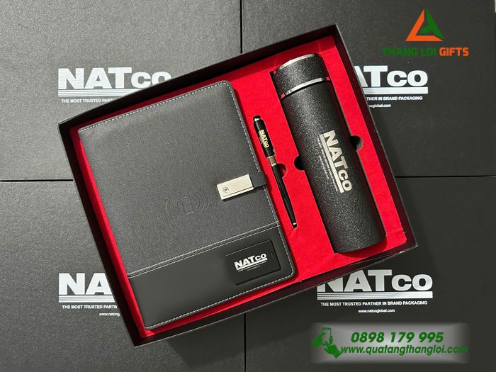 Set Quà Tặng Cao Cấp (Sổ Đa Năng+ Bình+ Bút) Màu Đen - In Khắc Logo Doanh Nghiệp NATCO