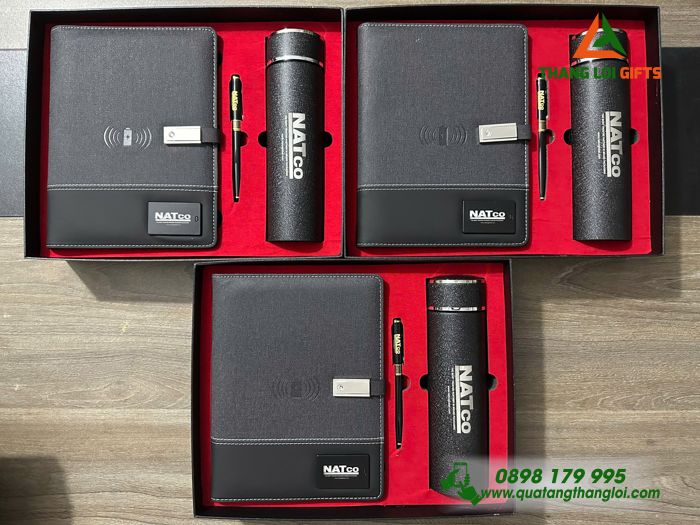 Set Quà Tặng Cao Cấp (Sổ Đa Năng+ Bình+ Bút) Màu Đen - In Khắc Logo Doanh Nghiệp NATCO