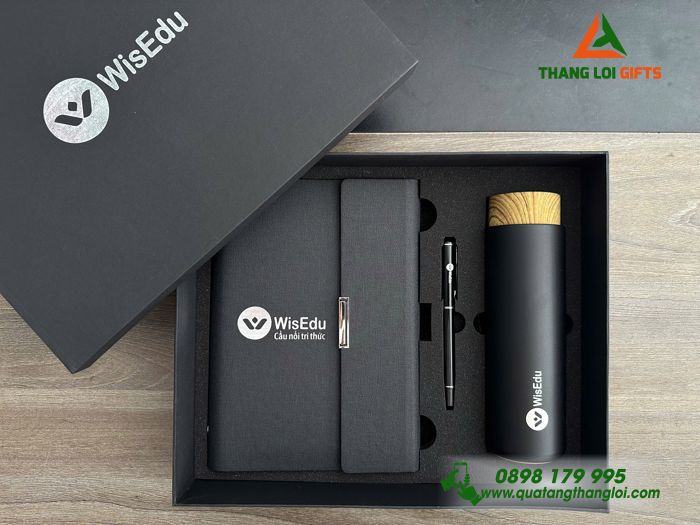 Set Quà Tặng (Sổ+ Bình+ Bút) Màu Đen - In Khắc Logo Doanh Nghiệp WisEdu