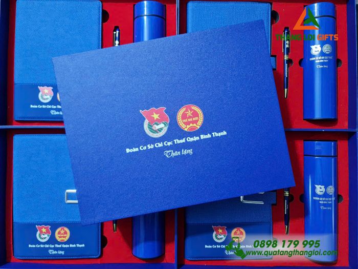 Combo Quà Tặng (Sổ+ Bình+ Bút) Màu Xanh - In Khắc Logo Đoàn Cơ Sở Chi Cục Thuế