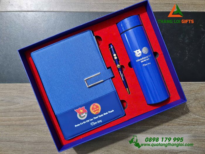 Combo Quà Tặng (Sổ+ Bình+ Bút) Màu Xanh - In Khắc Logo Đoàn Cơ Sở Chi Cục Thuế