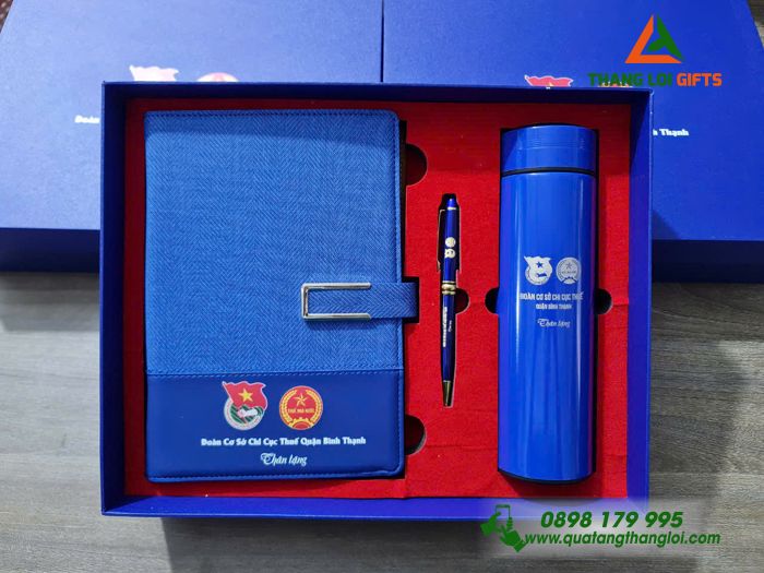 Combo Quà Tặng (Sổ+ Bình+ Bút) Màu Xanh - In Khắc Logo Đoàn Cơ Sở Chi Cục Thuế