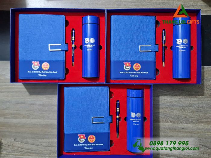 Combo Quà Tặng (Sổ+ Bình+ Bút) Màu Xanh - In Khắc Logo Đoàn Cơ Sở Chi Cục Thuế