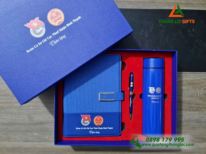 Combo Quà Tặng (Sổ+ Bình+ Bút) Màu Xanh - In Khắc Logo Đoàn Cơ Sở Chi Cục Thuế