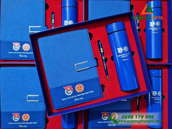 Combo Quà Tặng (Sổ+ Bình+ Bút) Màu Xanh - In Khắc Logo Đoàn Cơ Sở Chi Cục Thuế