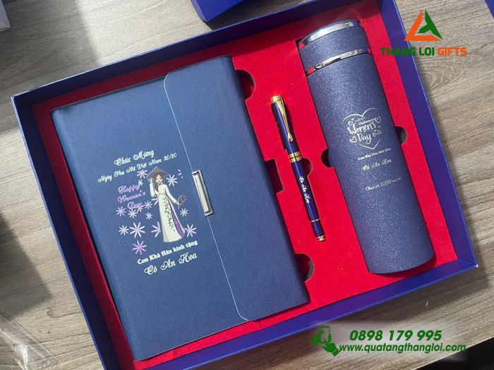 Bộ Quà Tặng Ý Nghĩa (Sổ+ Bình+ Bút) Màu Xanh - In Khắc Nội Dung Tri Ân Thầy Cô Giáo