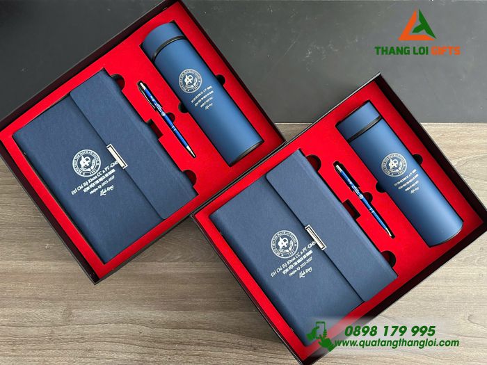 Bộ Quà Tặng (Sổ+ Bình+ Bút) Màu Xanh - In Khắc Logo Bệnh Viện Tim Mạch An Giang